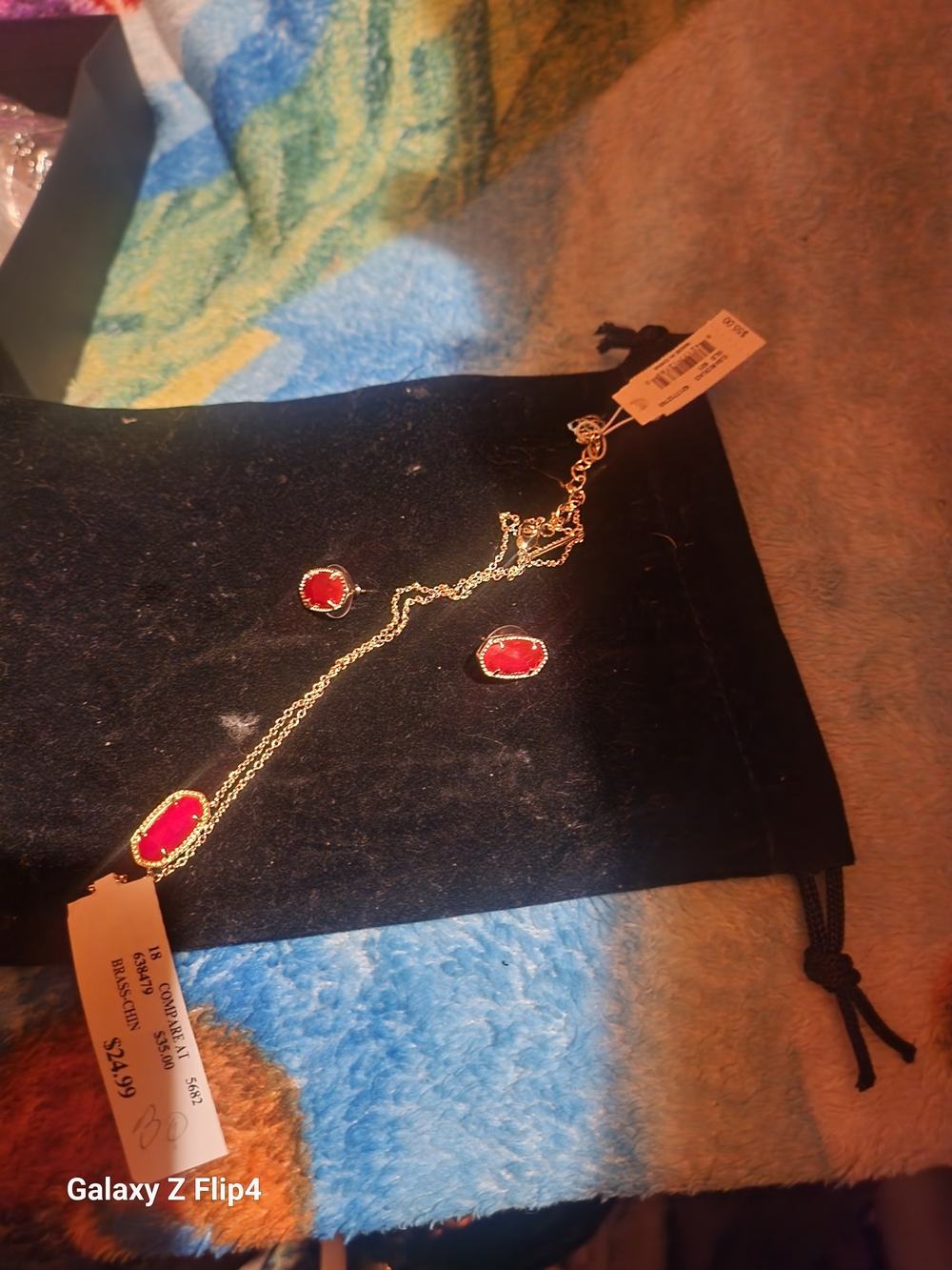 Kendra Scott Gold Necklace and Earrings Set with Red Stones